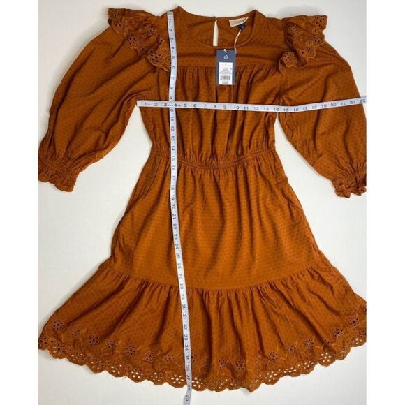 Universal Thread Long Sleeve Dress Small Brown Women's Eyelet-Detail Ruffled NEW - Picture 5 of 13